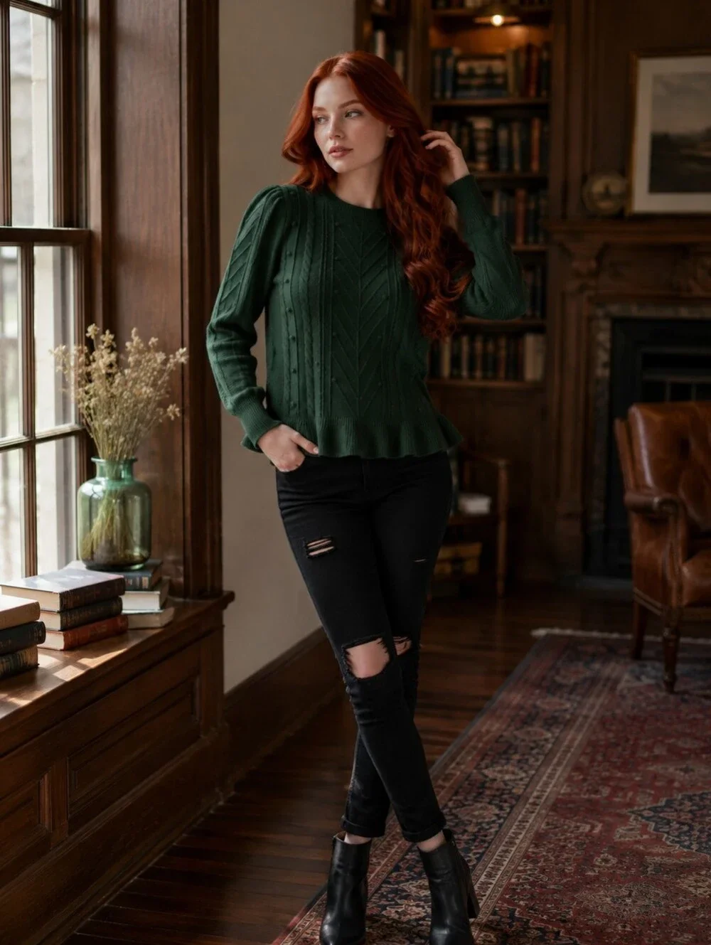 LOFT Green Bobble Knit Ruffle Hem Sweater | Size Large | NWT